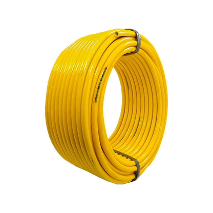 Manguera tramada amarilla Politramo de 3/8" en rollo para trabajos de ferretería.
