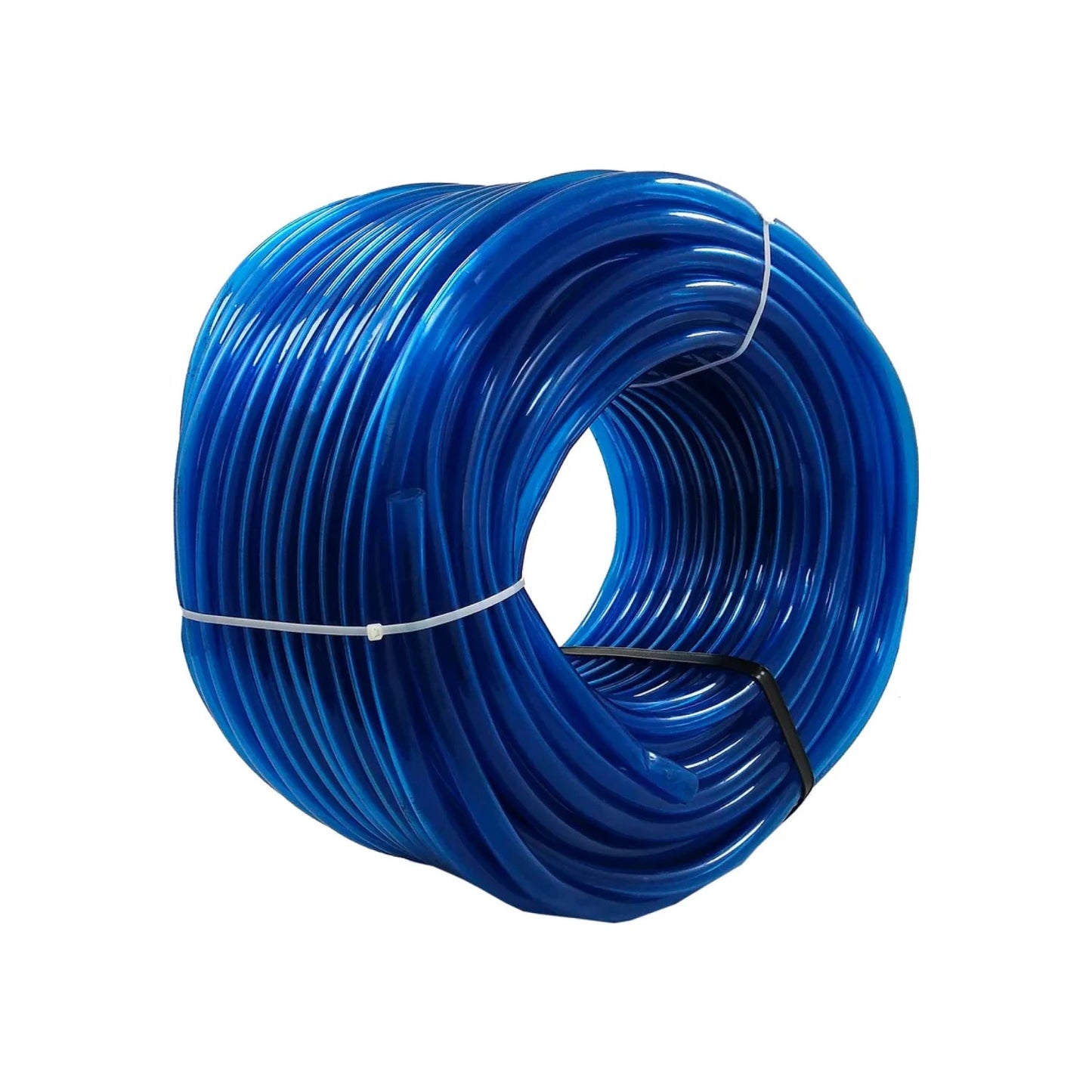 Manguera de silicón azul enrollada, flexible y translúcida para agua y aire.