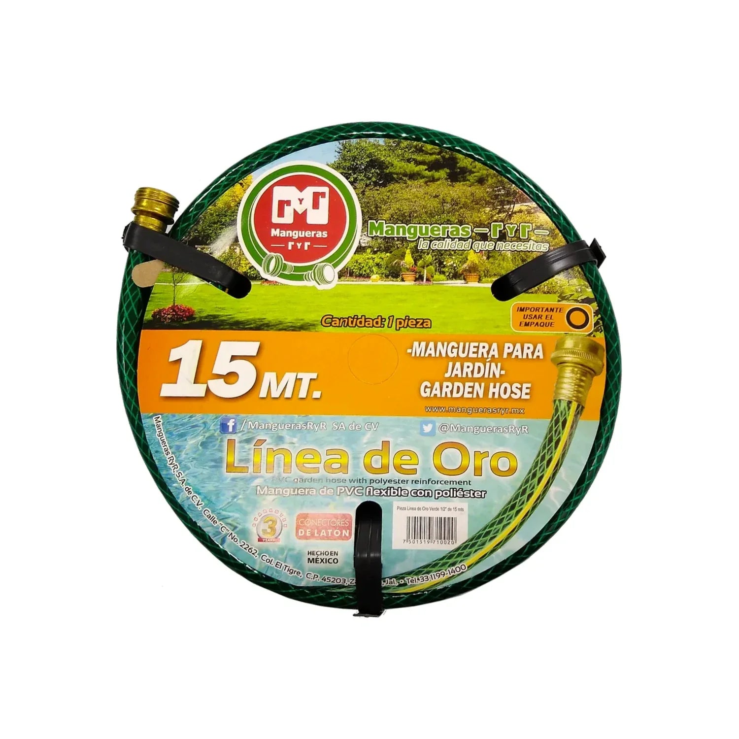 Medida: 1/2",Longitud: 15 metros.,Tecnología anti-torceduras.,Refuerzo con tejido tramado.