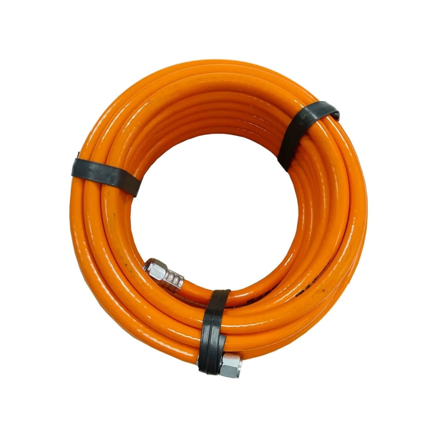 Manguera para compresora PVC 1/4"x10m naranja, enrollada con conectores metálicos