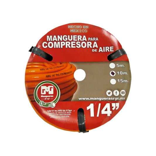 Medida: 1/4",10 metros.,Reforzada de 5 hilos.,Trabajos de presión 175 PSI
