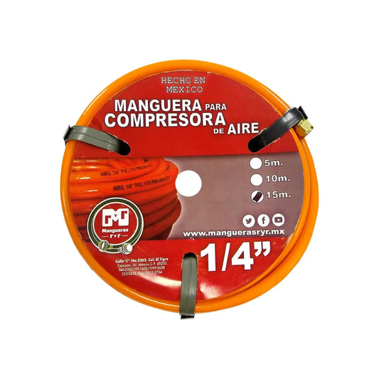 Medida: 1/4",15 metros.,Reforzada de 5 hilos.,Trabajos de presión 175 PSI