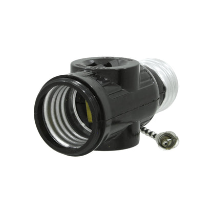 Adaptador de socket ladrón negro con cadena, portalámparas de foco con interruptor de encendido/apagado.
