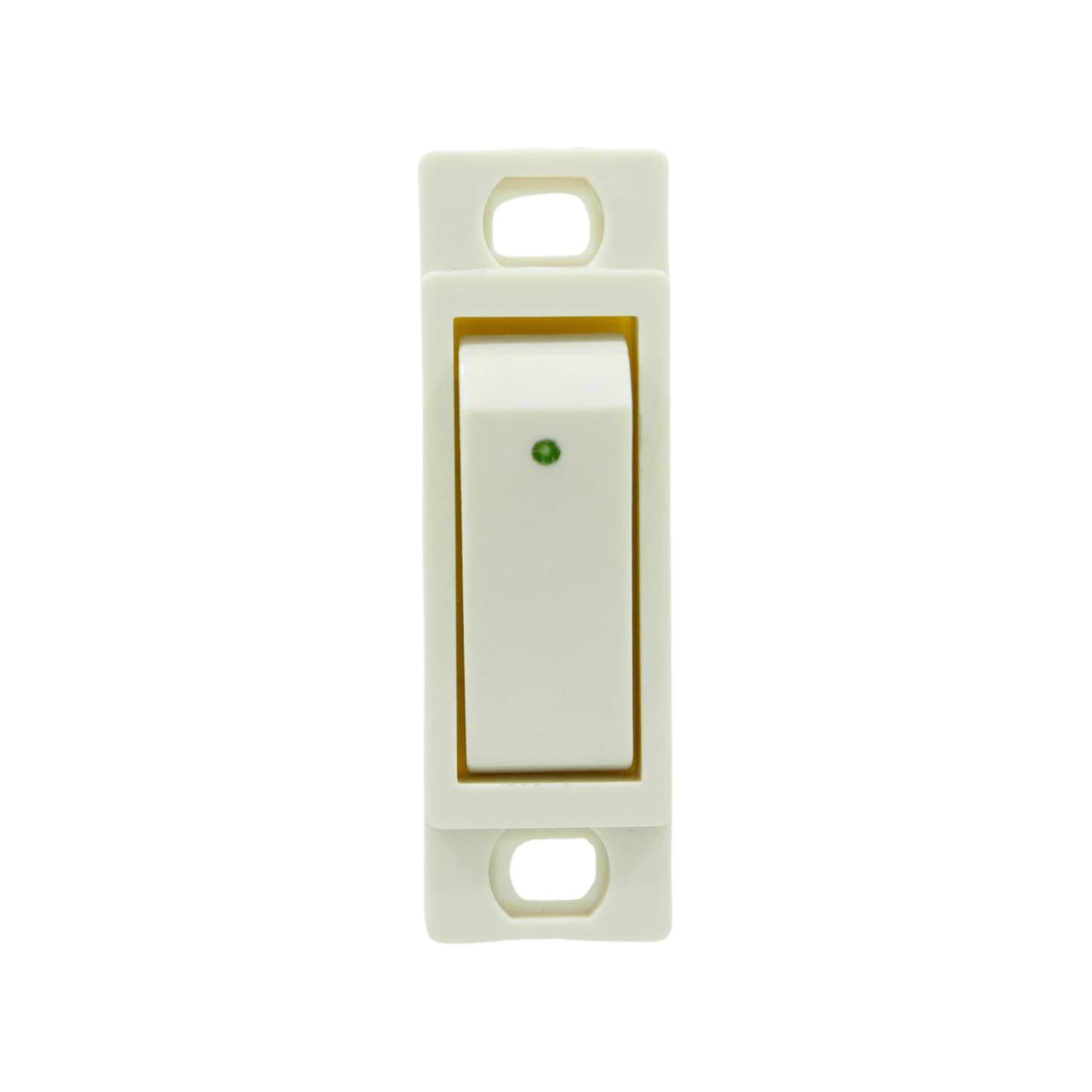 Apagador sencillo blanco tipo palanca con indicador LED verde para instalación eléctrica