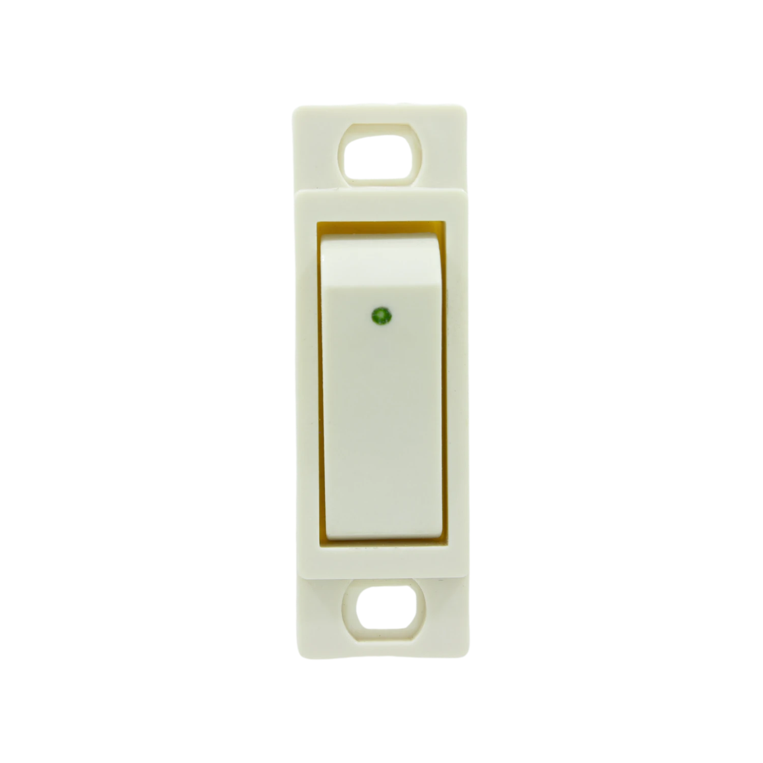 Apagador sencillo blanco tipo palanca con indicador LED verde para instalación eléctrica