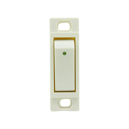 Apagador sencillo blanco tipo palanca con indicador LED verde para instalación eléctrica