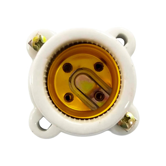 Socket cuadrado de porcelana blanco para lámpara E27, con terminales de conexión dorados y orificios de montaje.