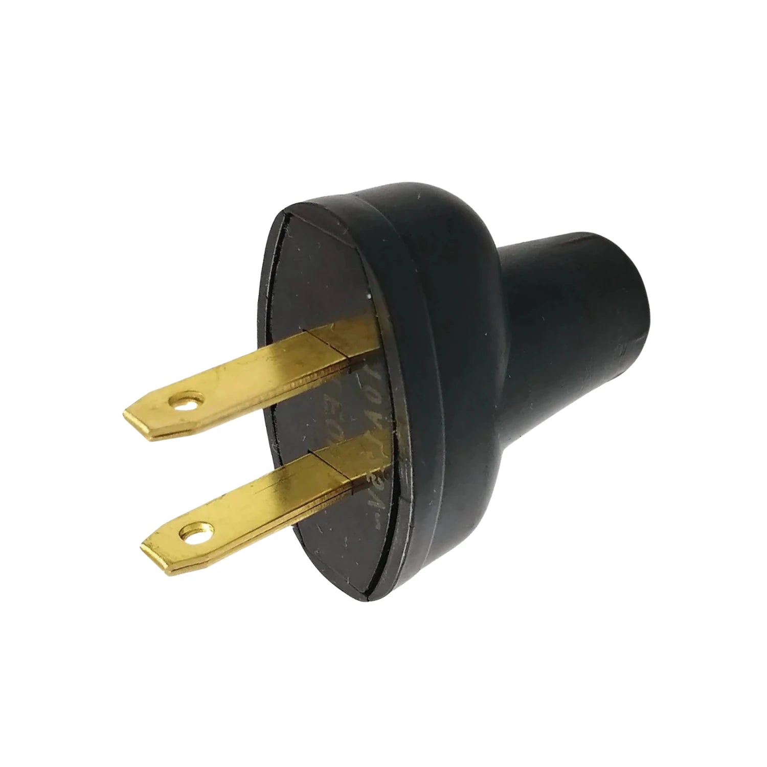 Clavija eléctrica negra ovalada con dos patas planas de latón, conector de corriente para aparatos.