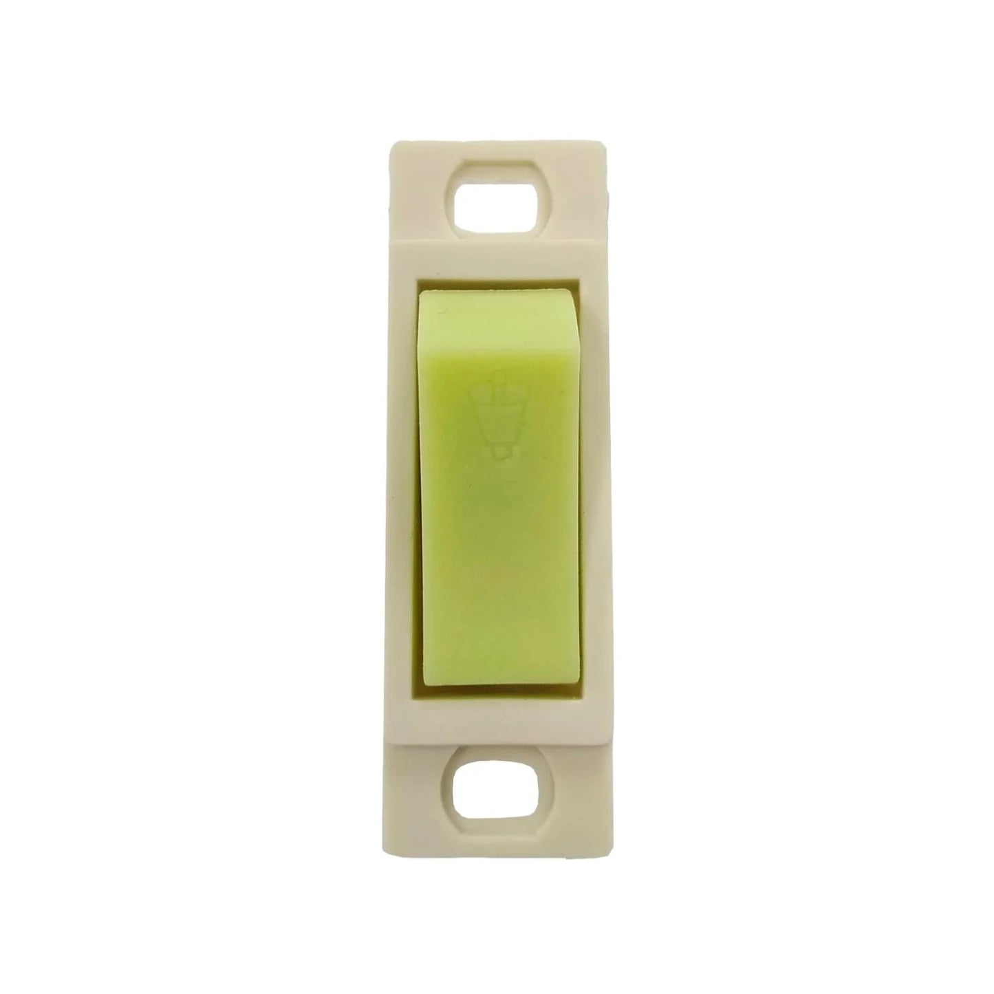 Botón de timbre verde limón fluorescente, módulo para instalación eléctrica con símbolo de campana.