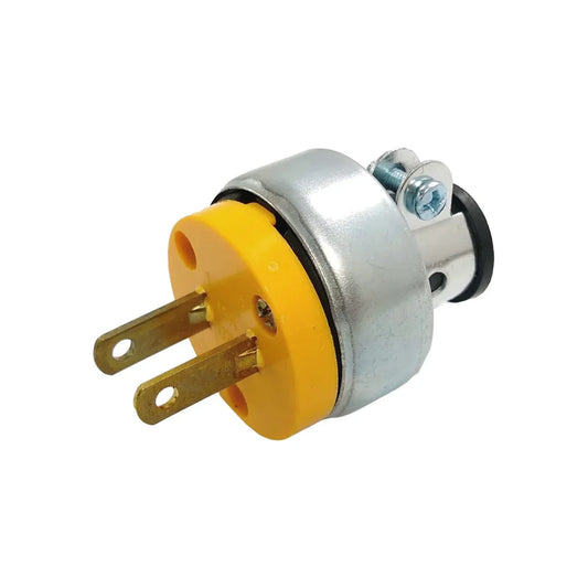 Fabricado en metal.,Clavija industrial sin Tierra.,Voltaje 120 V - 15 A,Clavija industrial con abrazadera.