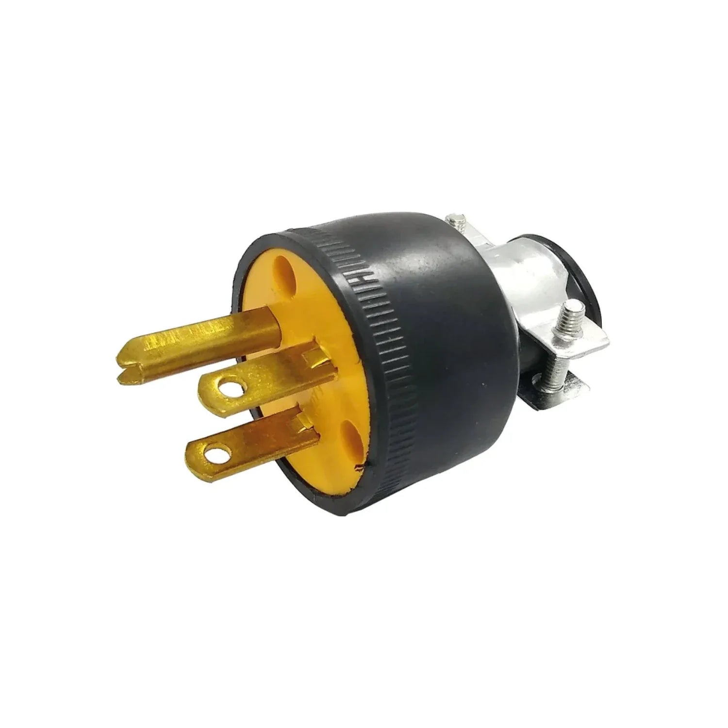 Fabricado en PVC y metal.,Clavija macho industrial con Tierra.,Voltaje 120 V - 15 A,Clavija industrial amarilla con abrazadera.