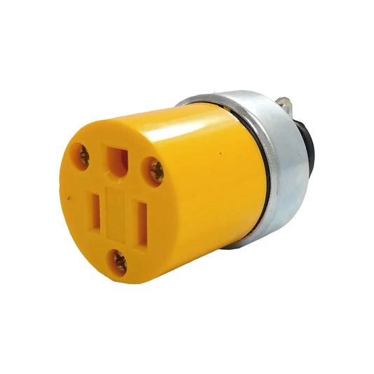 Fabricado en PVC y metal.,Clavija hembra industrial con Tierra.,Voltaje 125 V - 15 A,Clavija industrial con abrazadera.