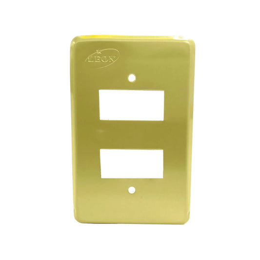 Fabricada en aluminio.,Placa de 2 ventana acabado dorado.,Incluye tornillos.,Para apagadores tipo italiano.
