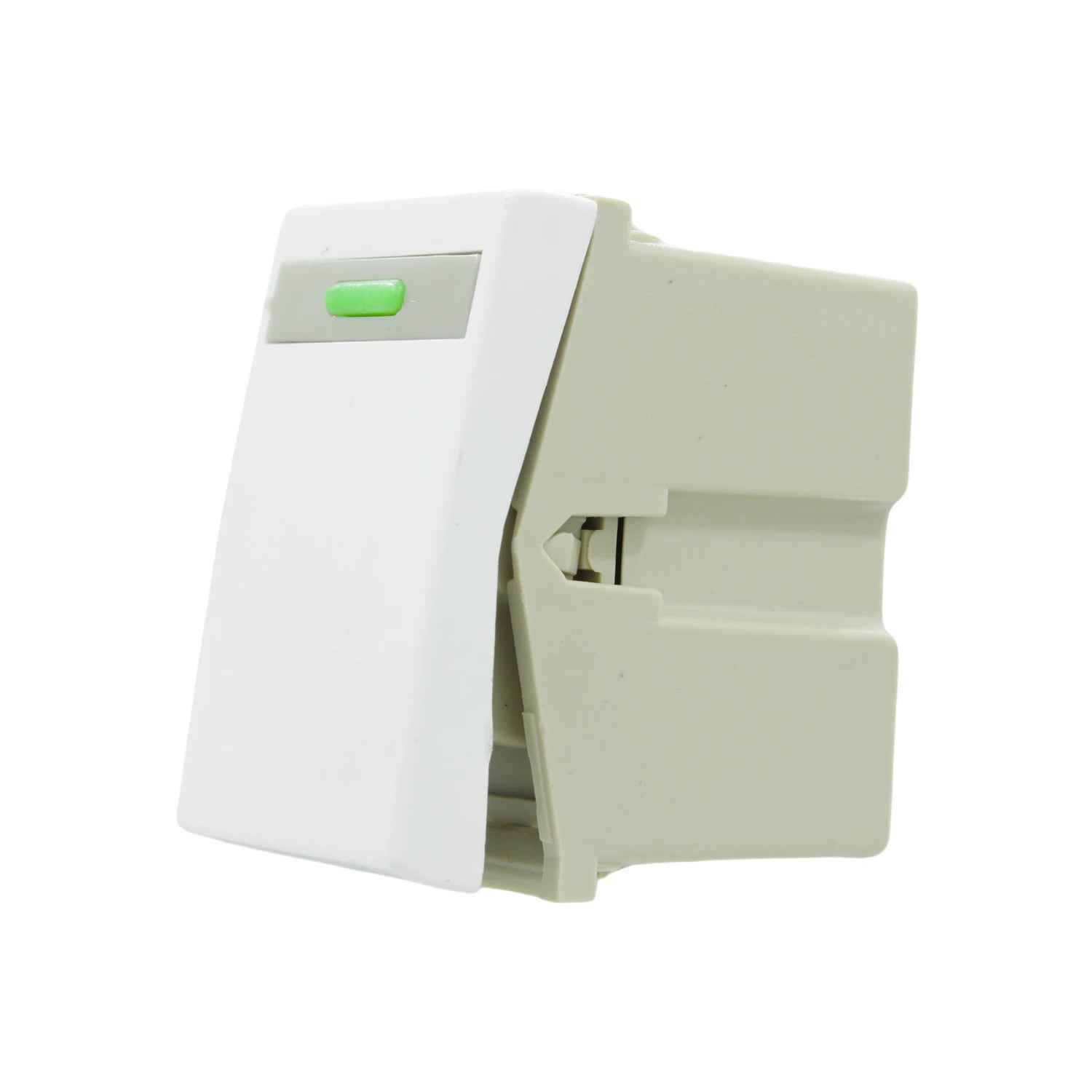 Apagador modular de escalera blanco con botón verde para instalación en placa eléctrica