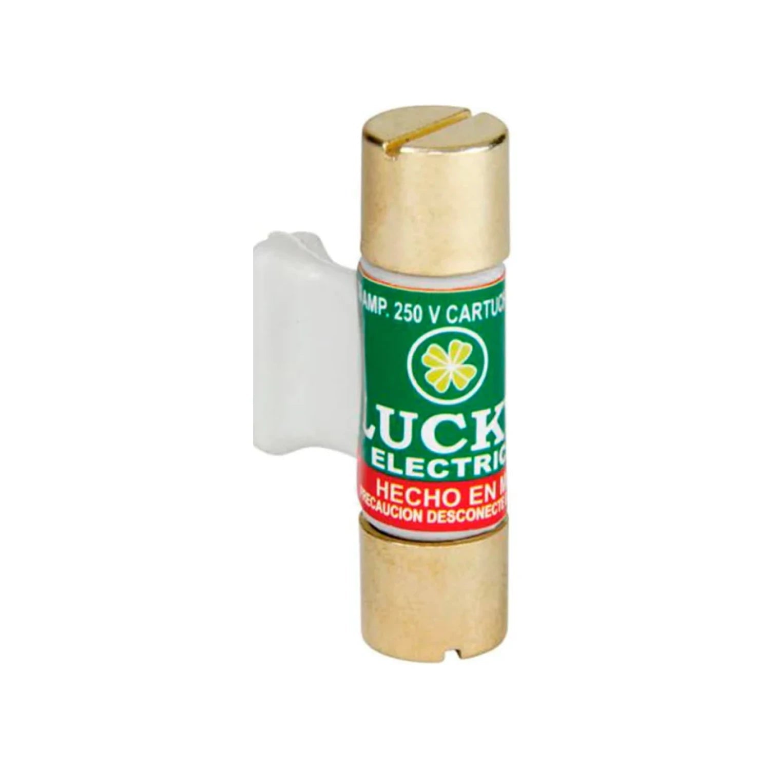 Fusible de cartucho LUCK ELECTRIC 250V con agarradera blanca, terminales doradas, etiqueta verde