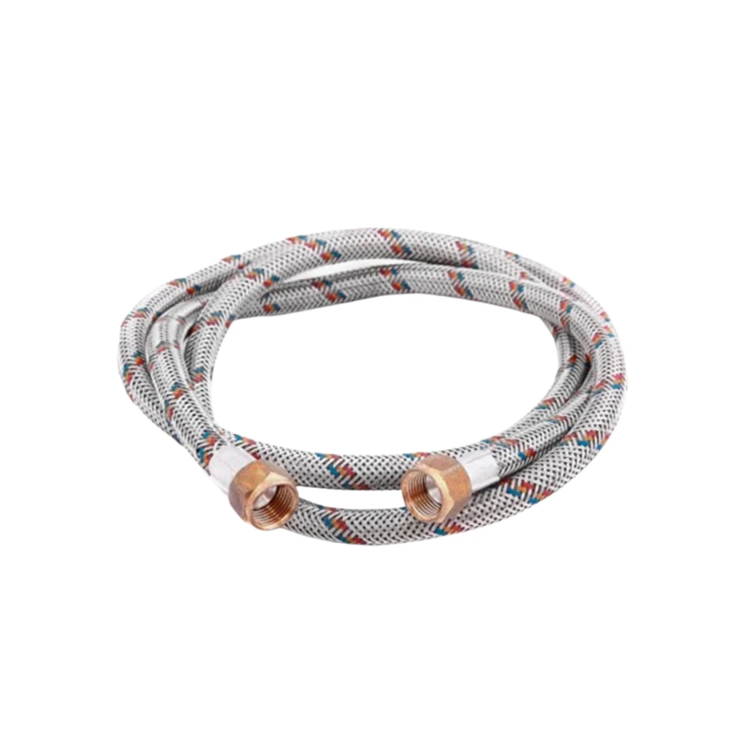 Manguera flexible para gas de 60cm metálica trenzada, diseño blanco con hilos rojos y azules, conexiones de latón.