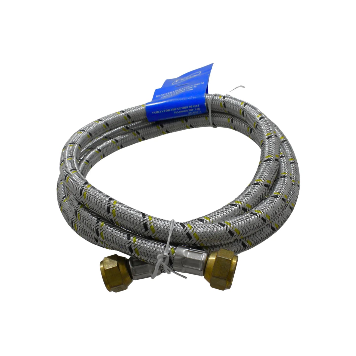 Manguera flexible trenzada de acero para gas con tuercas de latón y franjas amarillas de seguridad.