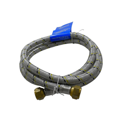 Manguera flexible trenzada de acero para gas con tuercas de latón y franjas amarillas de seguridad.