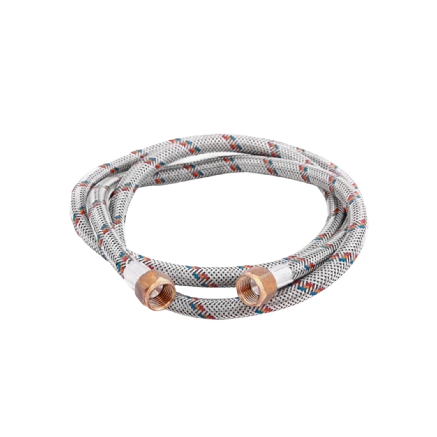 Manguera flexible trenzada metálica gris con patrón rojo y azul, conexiones de latón para instalación de gas