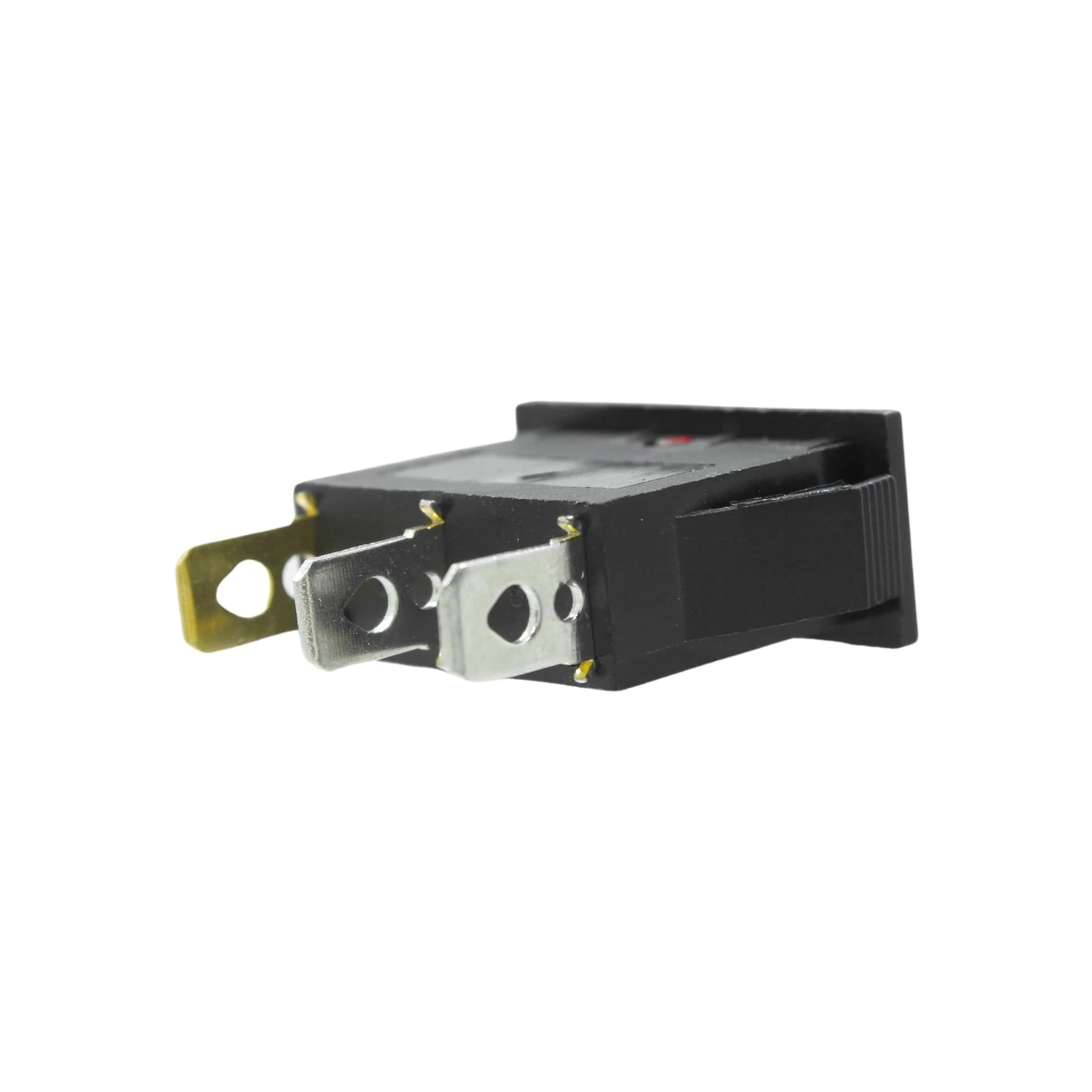 Interruptor rocker eléctrico negro con piloto rojo, 3 terminales, ideal para paneles y aparatos, montaje empotrable.