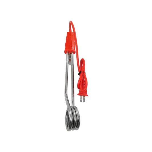 Calentador de agua eléctrico de inmersión portátil, con mango y cable rojo, enchufe de dos puntas, resistencia de metal.