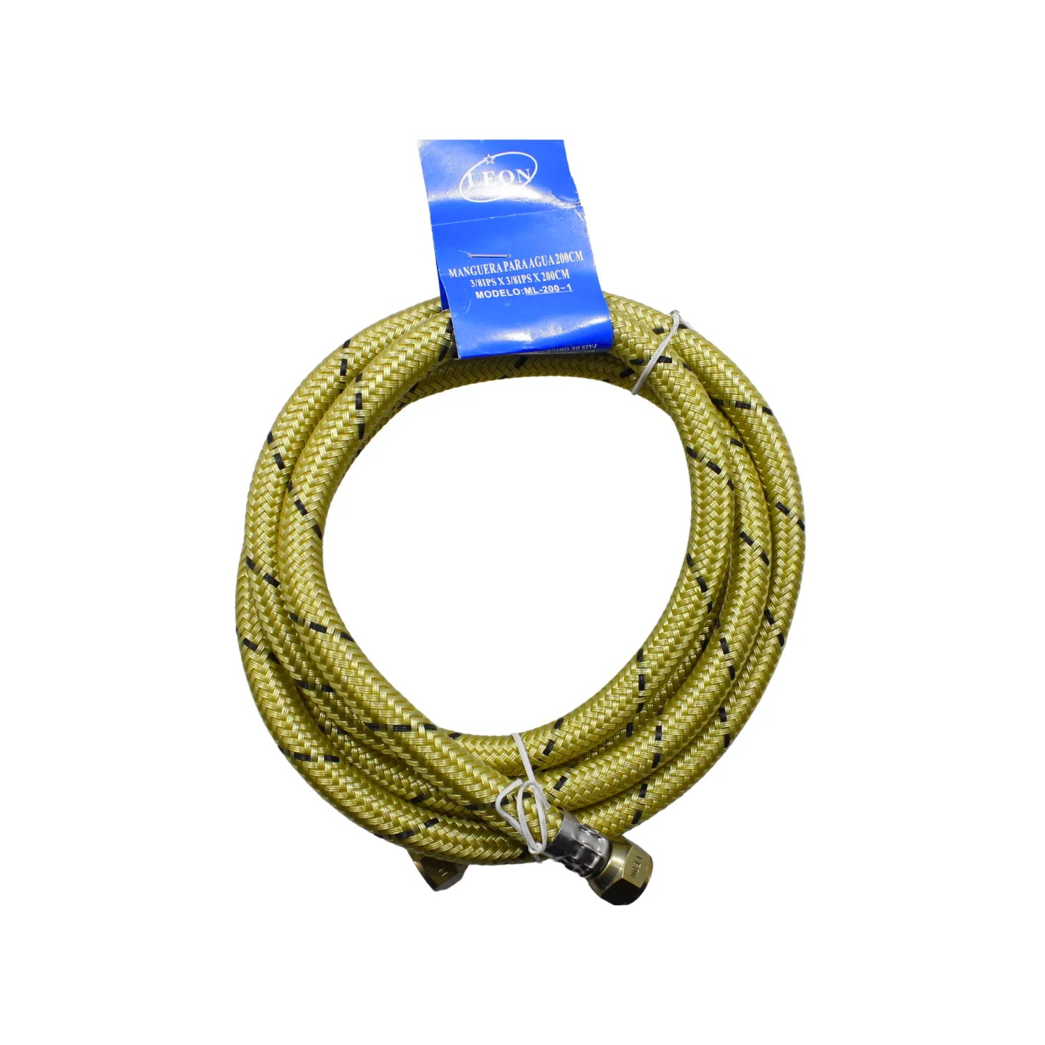 Manguera flexible de agua Leon 200cm trenzado amarillo y negro 3/8 IPS para instalaciones de plomería.