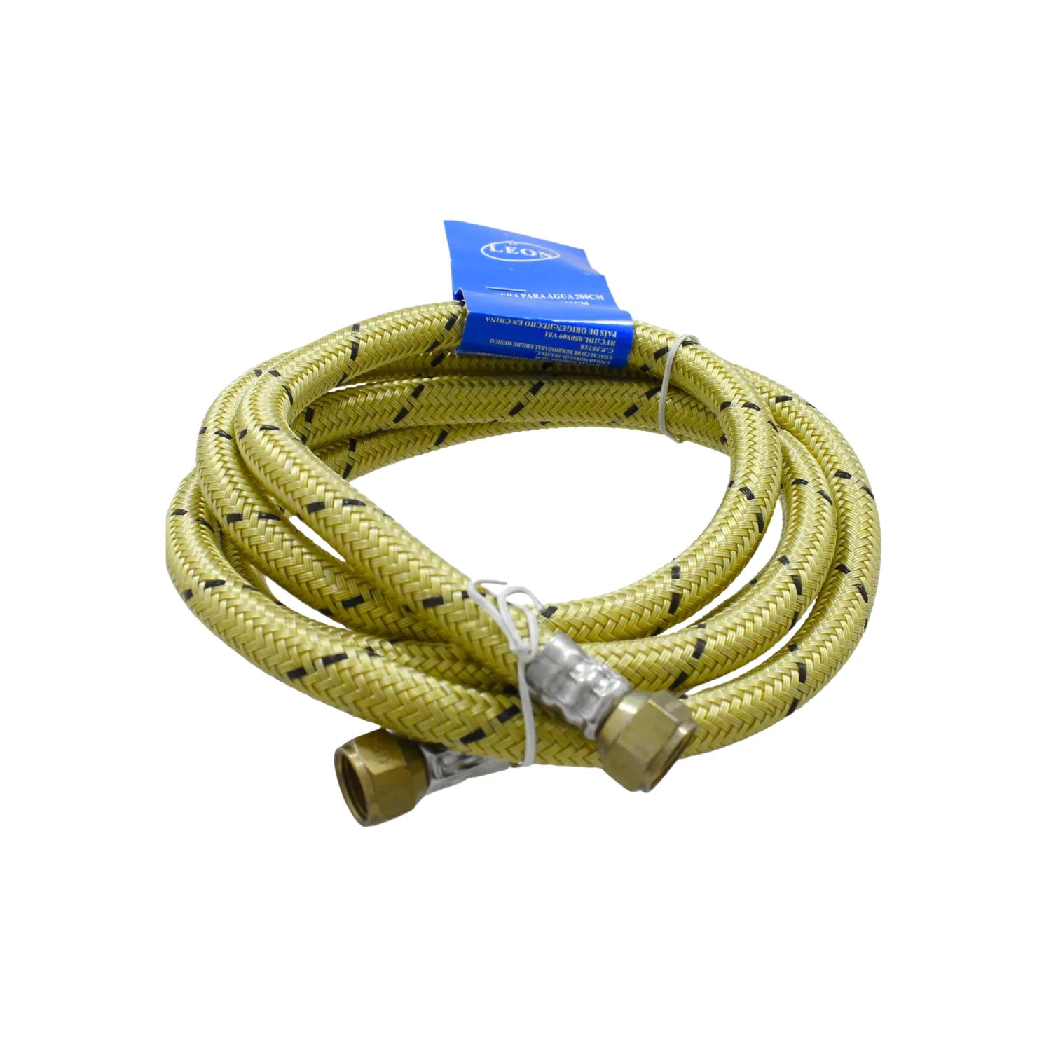Manguera flexible Leon 200cm para agua trenzada amarilla con conectores de latón para instalación hidráulica.