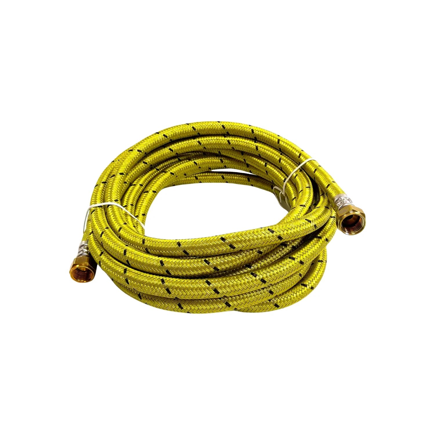 Manguera de gas flexible amarilla trenzada con patrón negro, enrollada, con acoples de latón para instalación