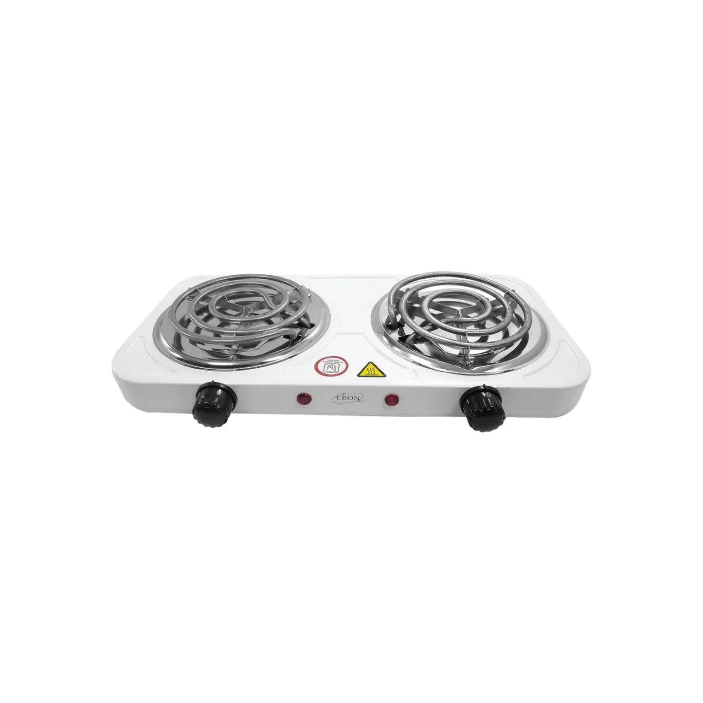 Parrilla eléctrica doble León, 2 quemadores de resistencia, blanca, portátil, con controles de temperatura.