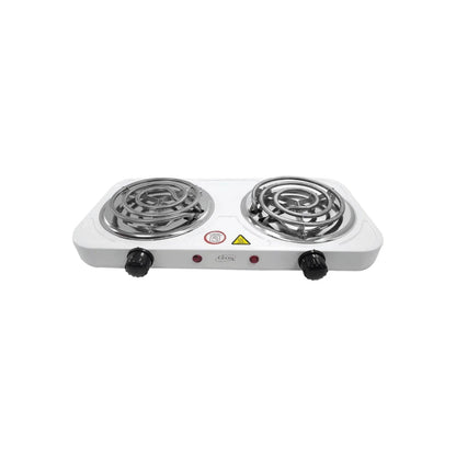 Parrilla eléctrica doble León, 2 quemadores de resistencia, blanca, portátil, con controles de temperatura.