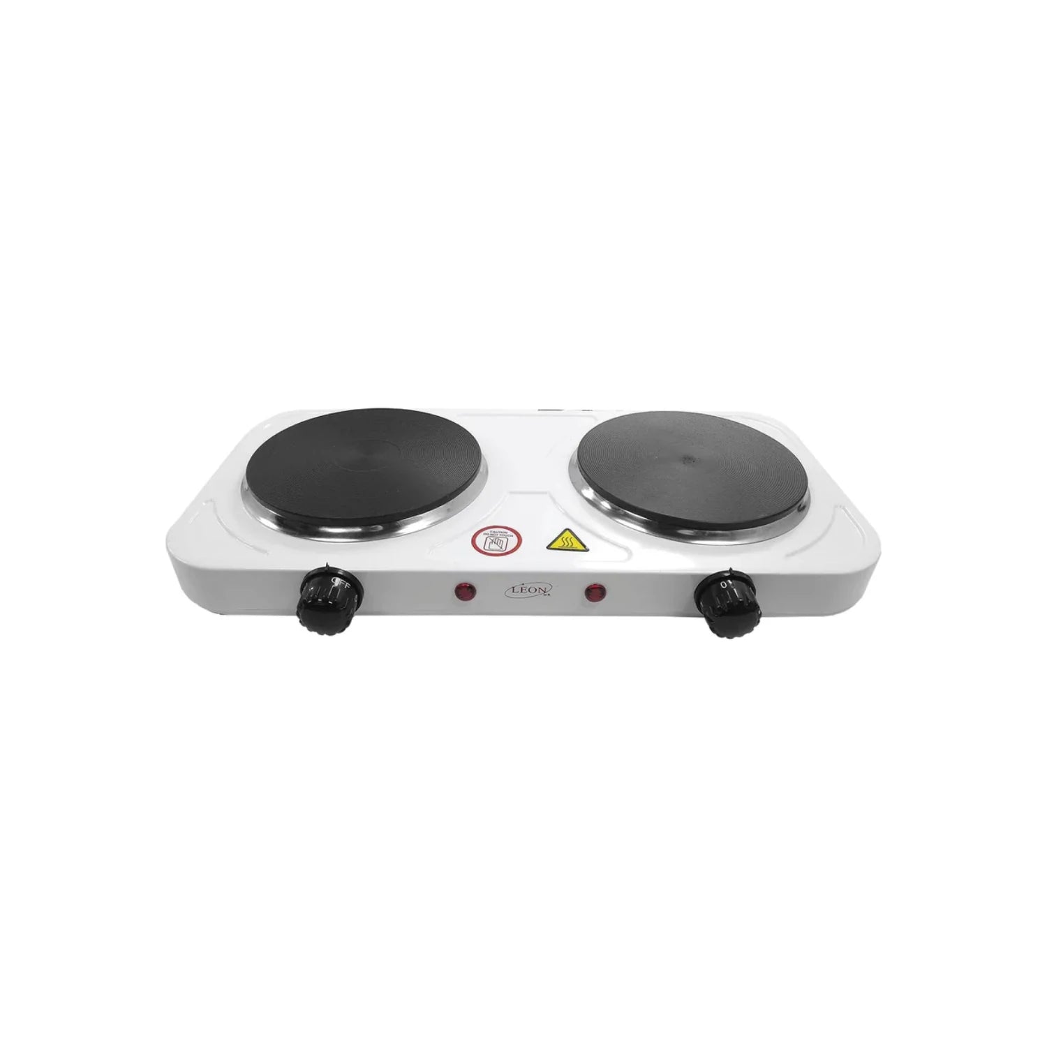 Parrilla eléctrica doble blanca marca LEON con 2 quemadores, ideal para cocina, camping o como estufa portátil.