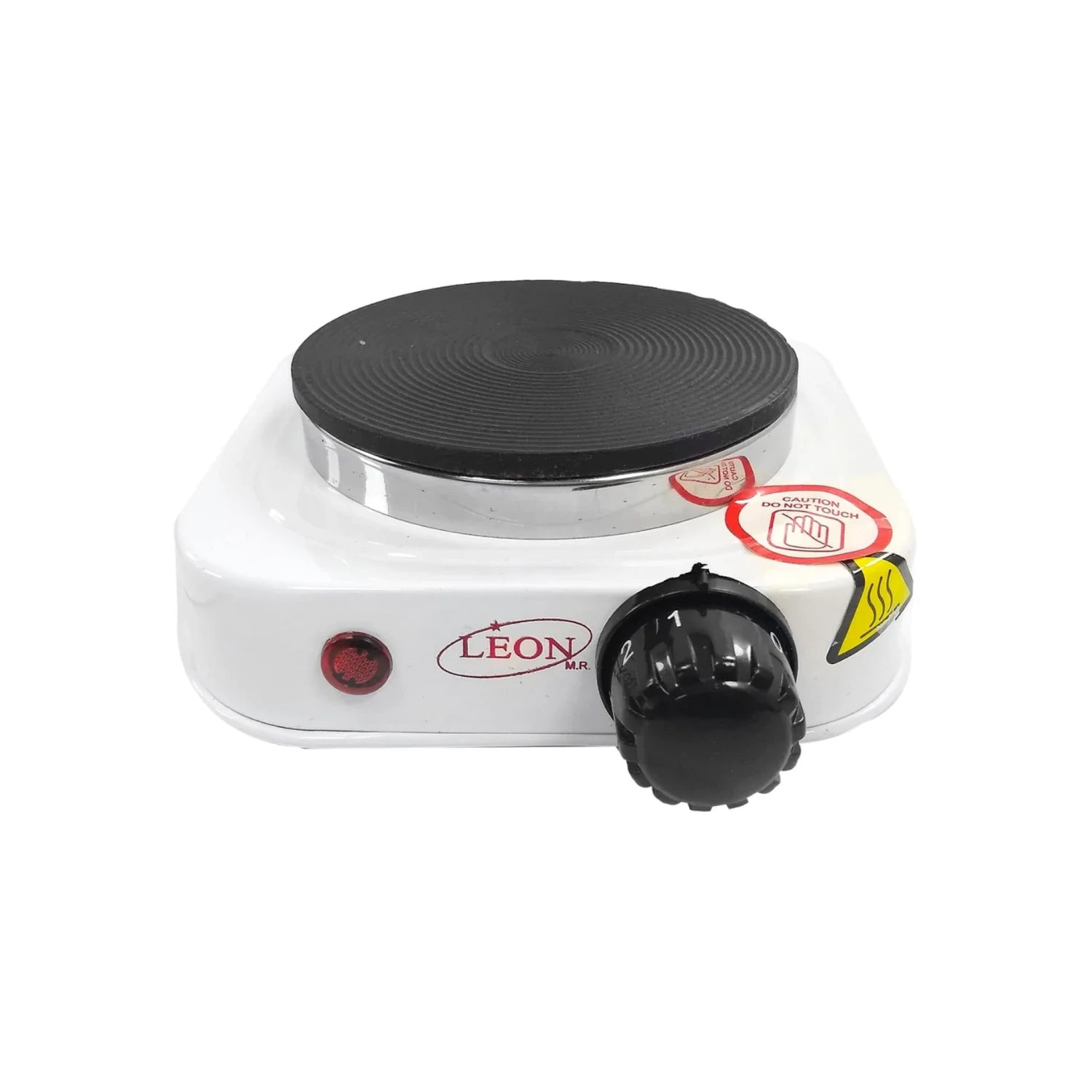 Parrilla eléctrica portátil LEON blanca de un quemador, con superficie de calentamiento negra y control de temperatura.
