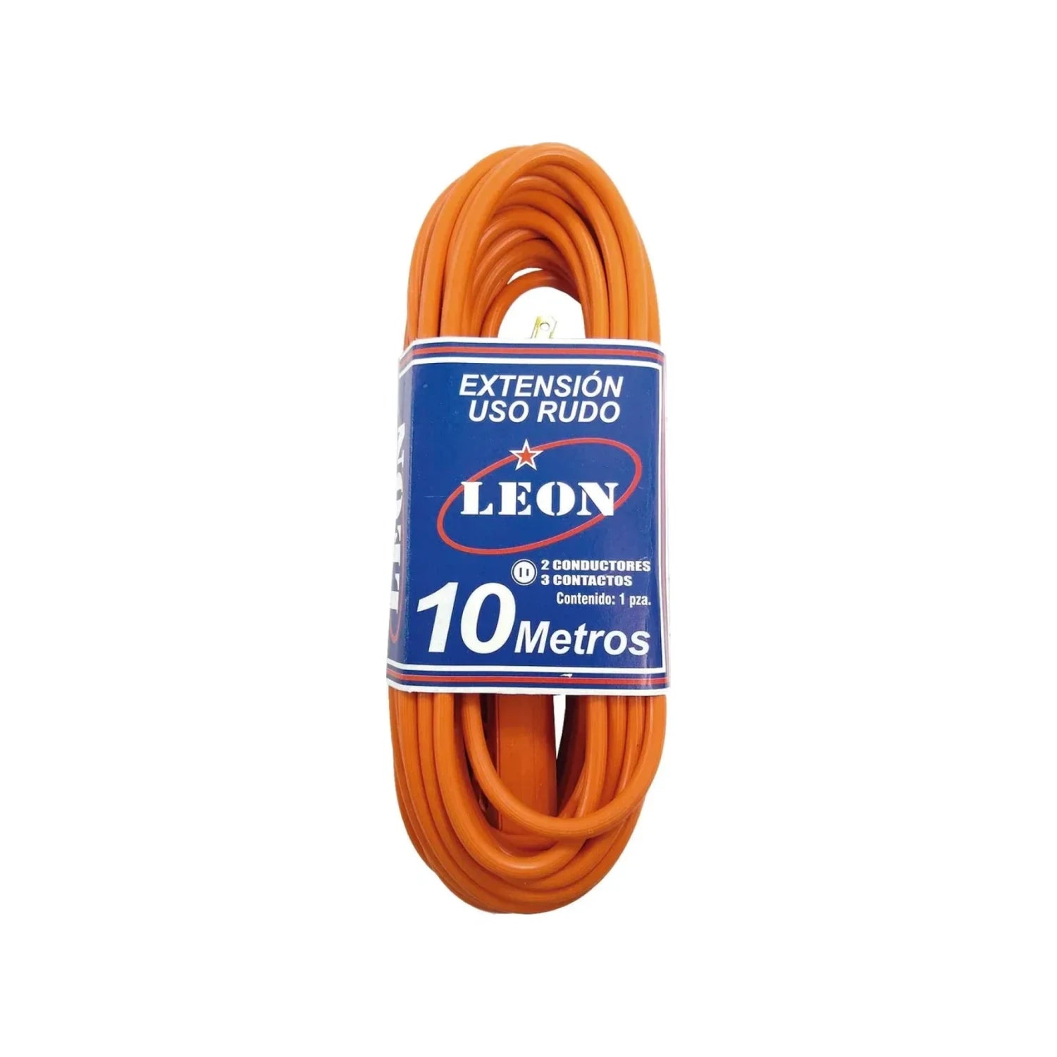 Extensión eléctrica uso rudo naranja 10 metros, marca León, con 3 contactos