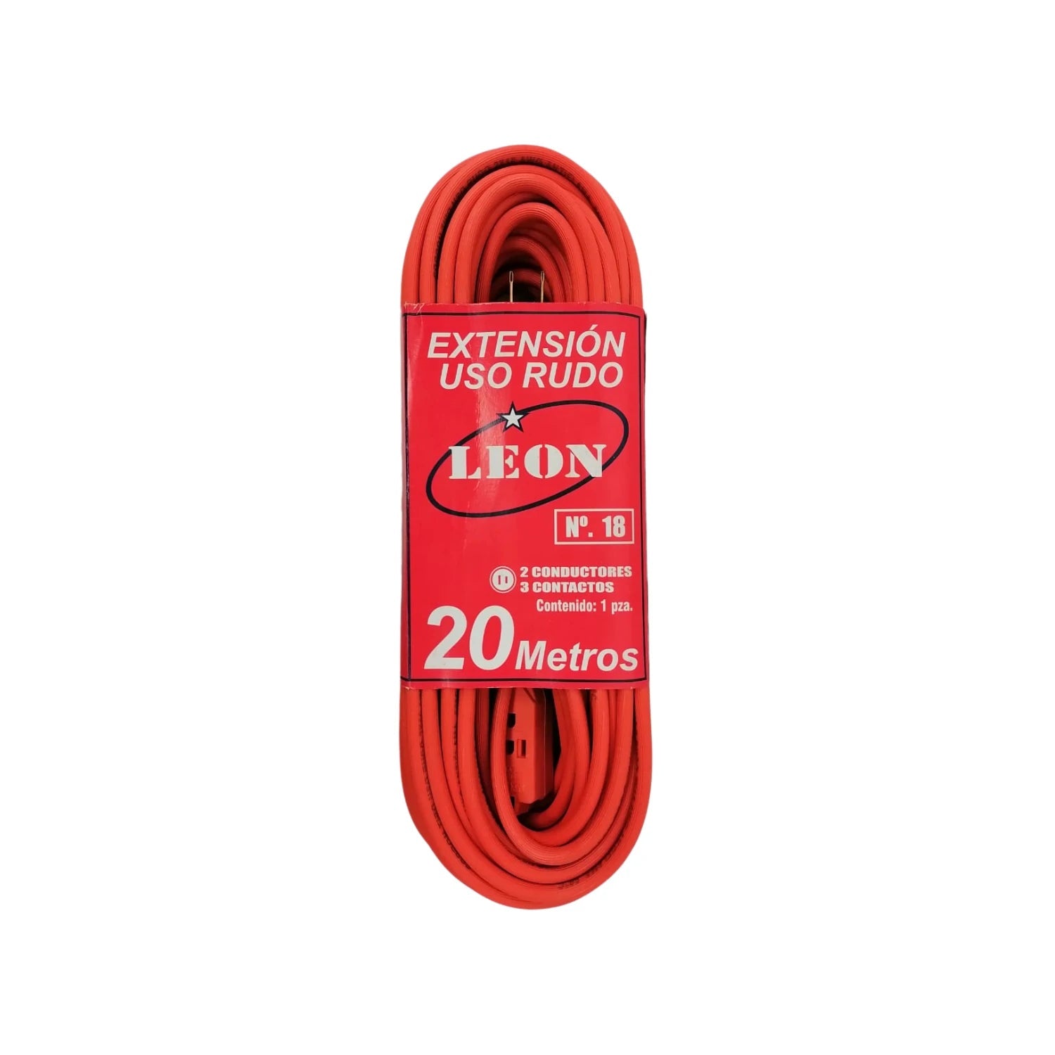 Extensión uso rudo naranja León 20 metros, calibre 18, 2 conductores, 3 contactos.