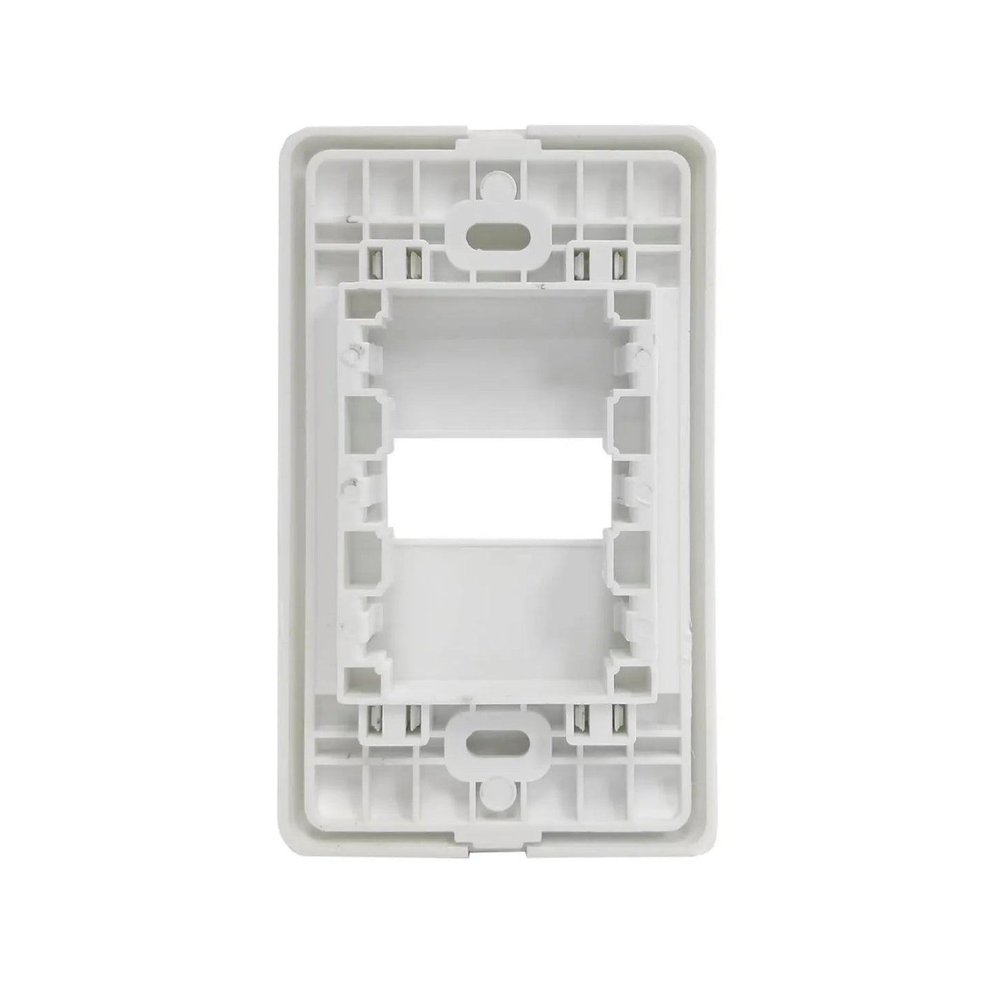 Placa blanca de pared con 1 ventana para accesorios eléctricos, vista trasera detallada