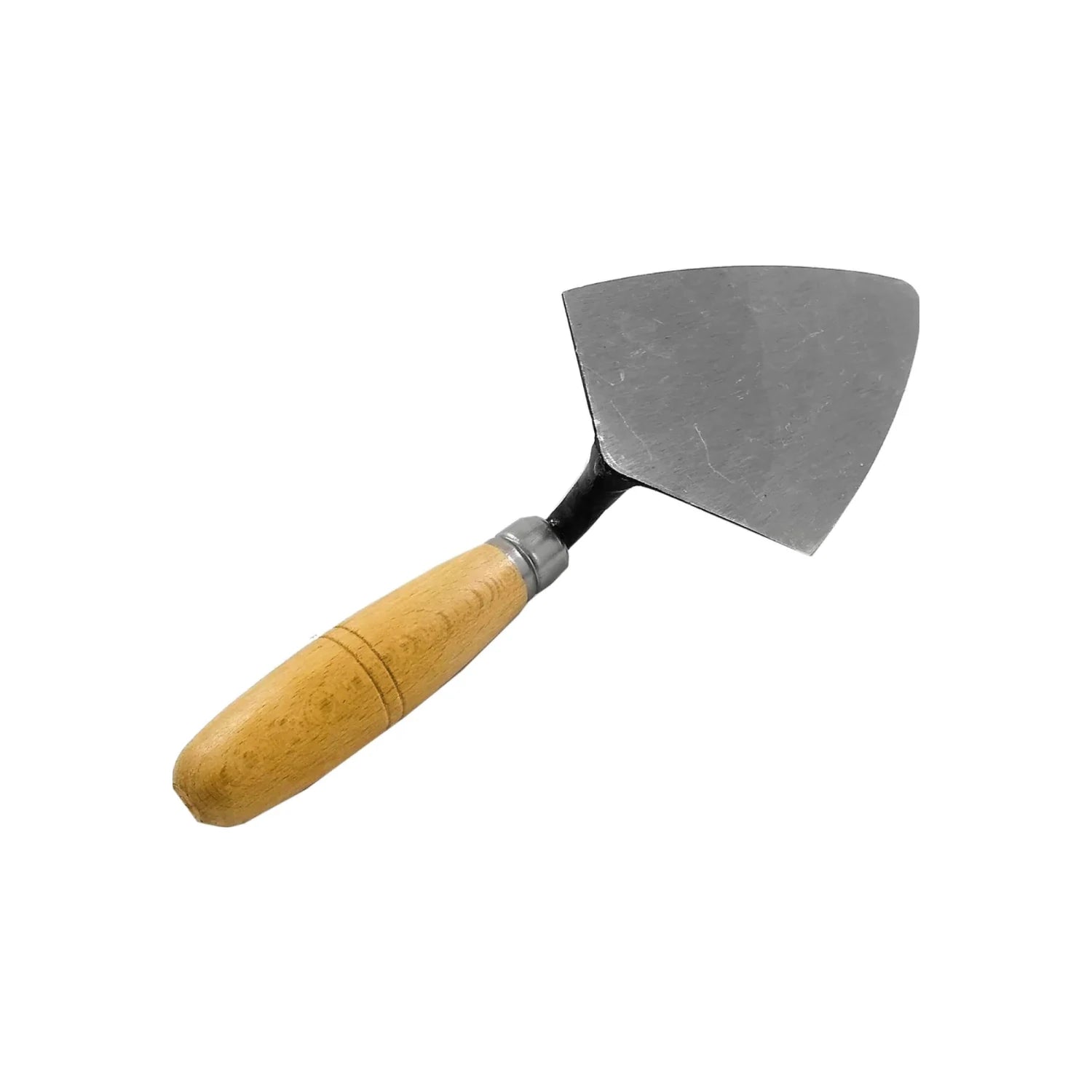 Espátula triangular metálica con mango de madera claro para revoque y acabados