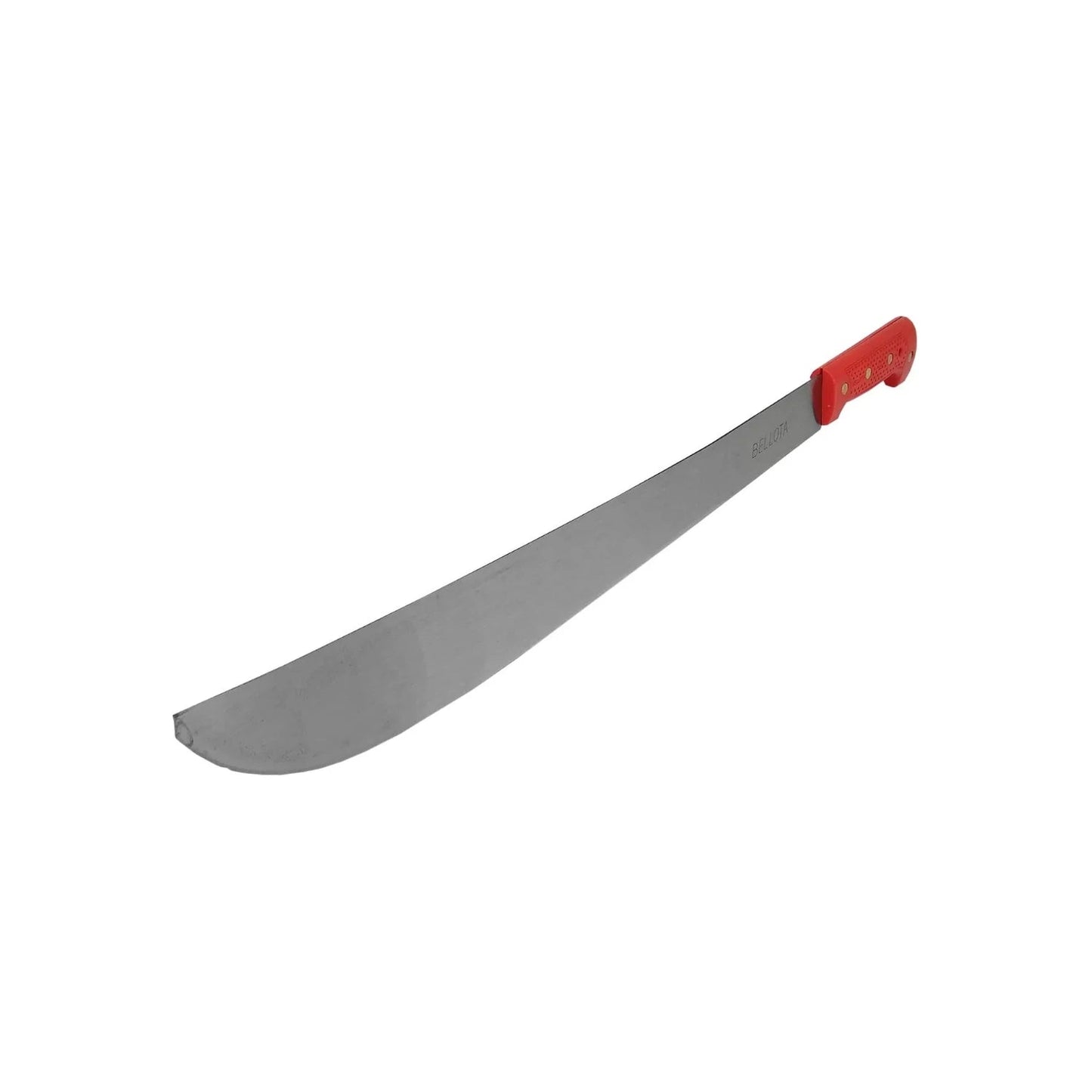 Machete Bellota con hoja pulida de acero y mango ergonómico rojo, ideal para corte en campo o jardín.