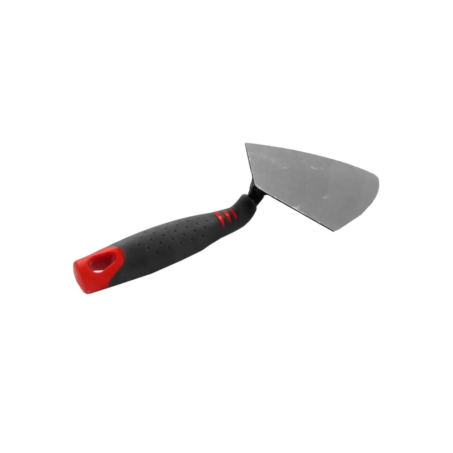 Espátula de albañil con punta triangular y mango ergonómico antideslizante negro con detalles rojos para acabados y reparaciones