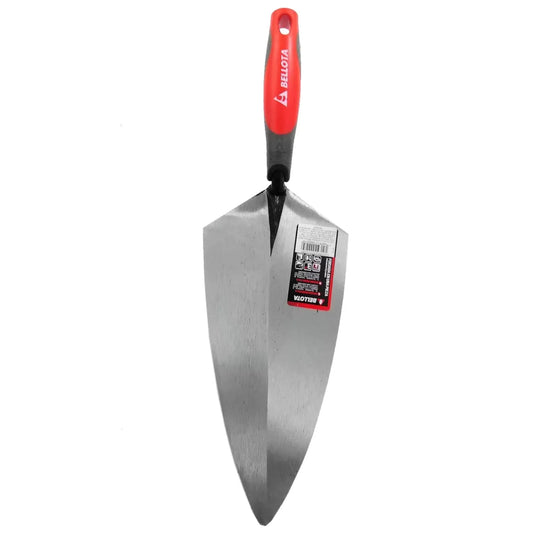 Paleta de albañil Bellota, hoja de acero puntiaguda, mango ergonómico rojo para mampostería y construcción.
