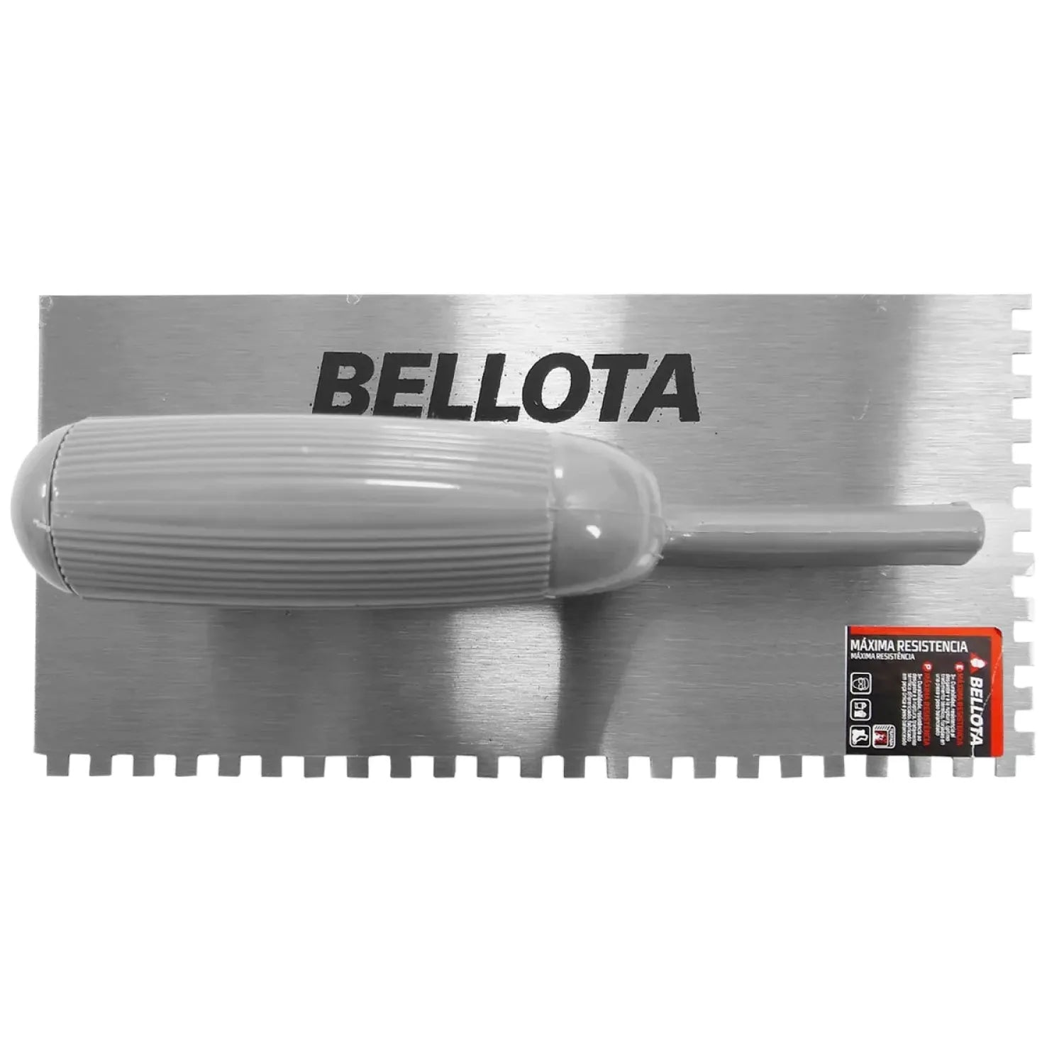 Llana dentada Bellota de acero inoxidable con mango ergonómico gris para pegar azulejos y mortero