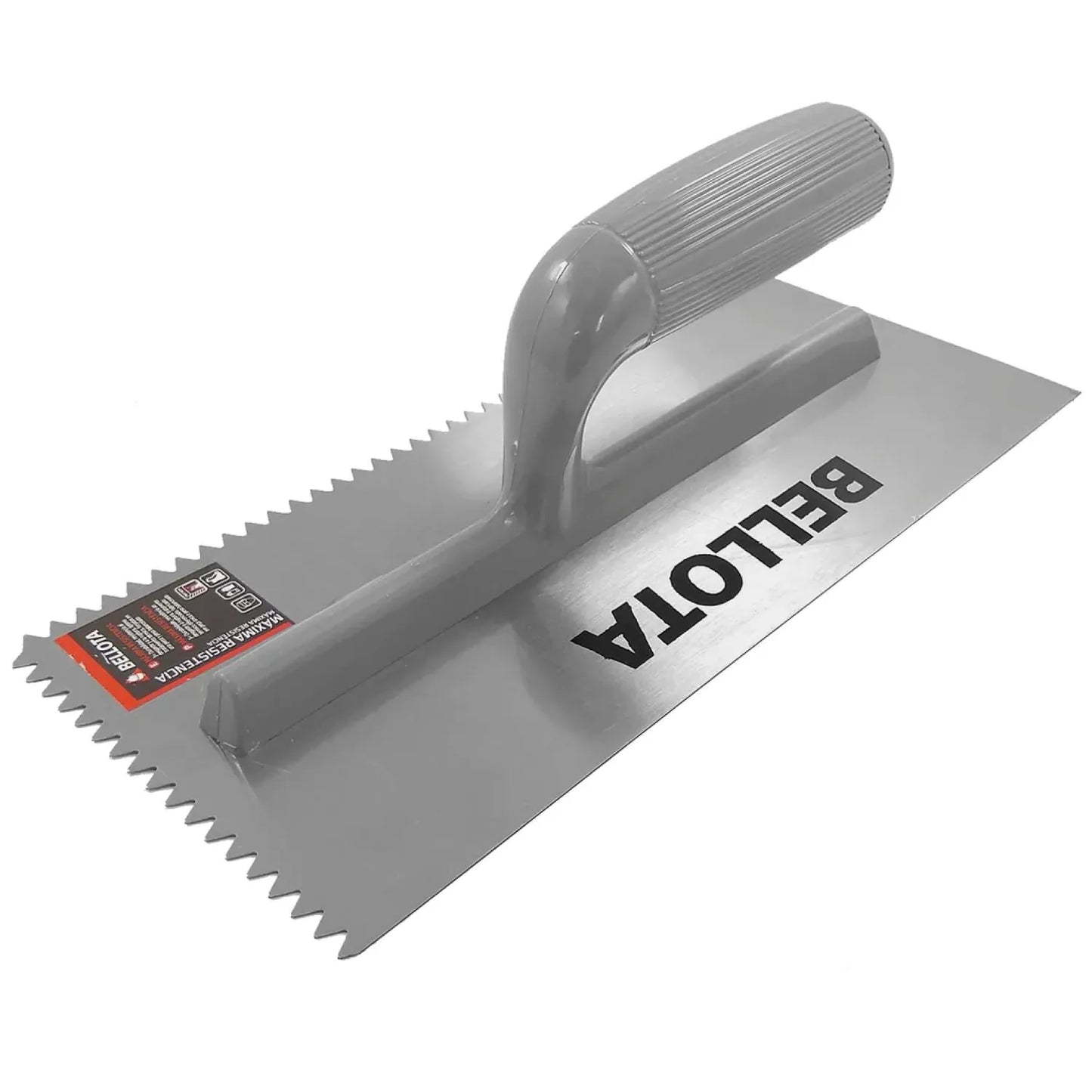 Llana dentada Bellota profesional de acero inoxidable y mango ergonómico gris, para aplicación de adhesivo y mortero de azulejos.