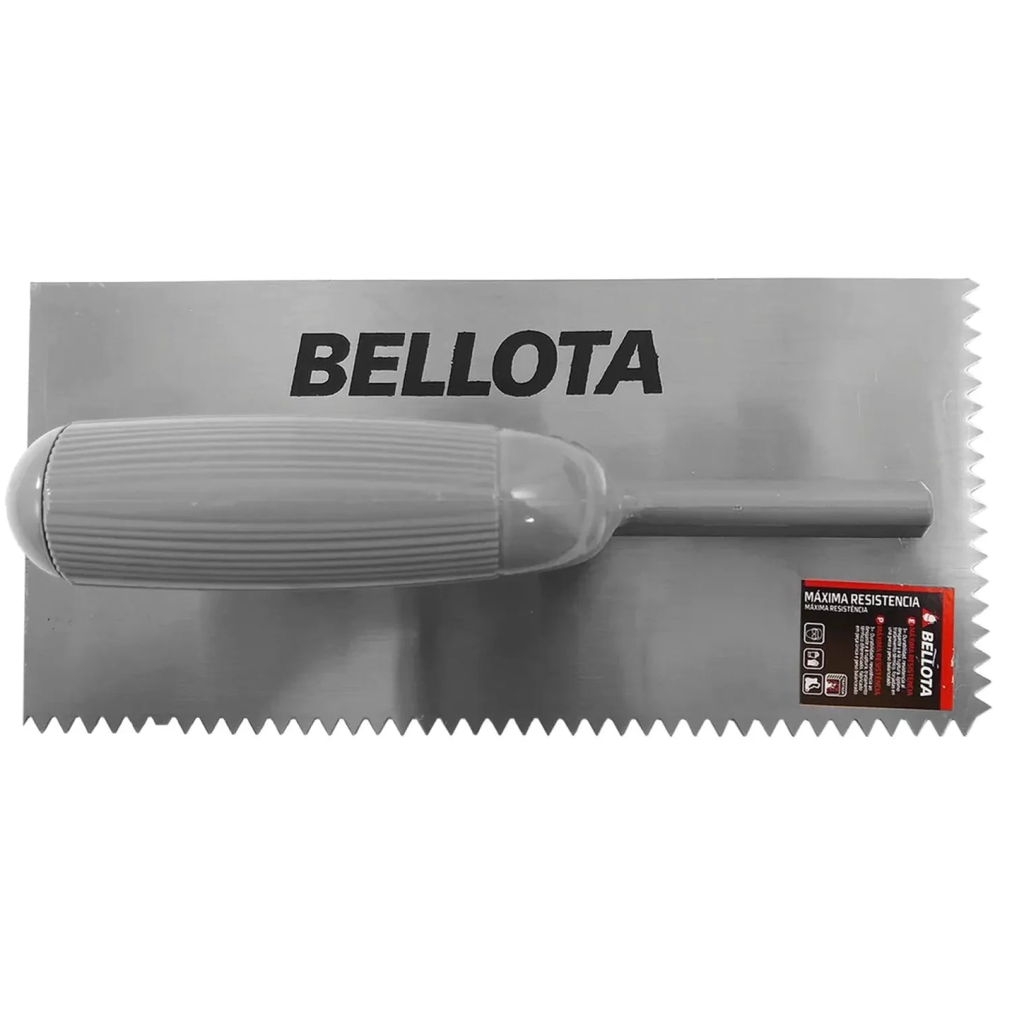 Llana dentada Bellota de acero con dientes cuadrados para aplicación de mortero y adhesivo de azulejos, mango gris.