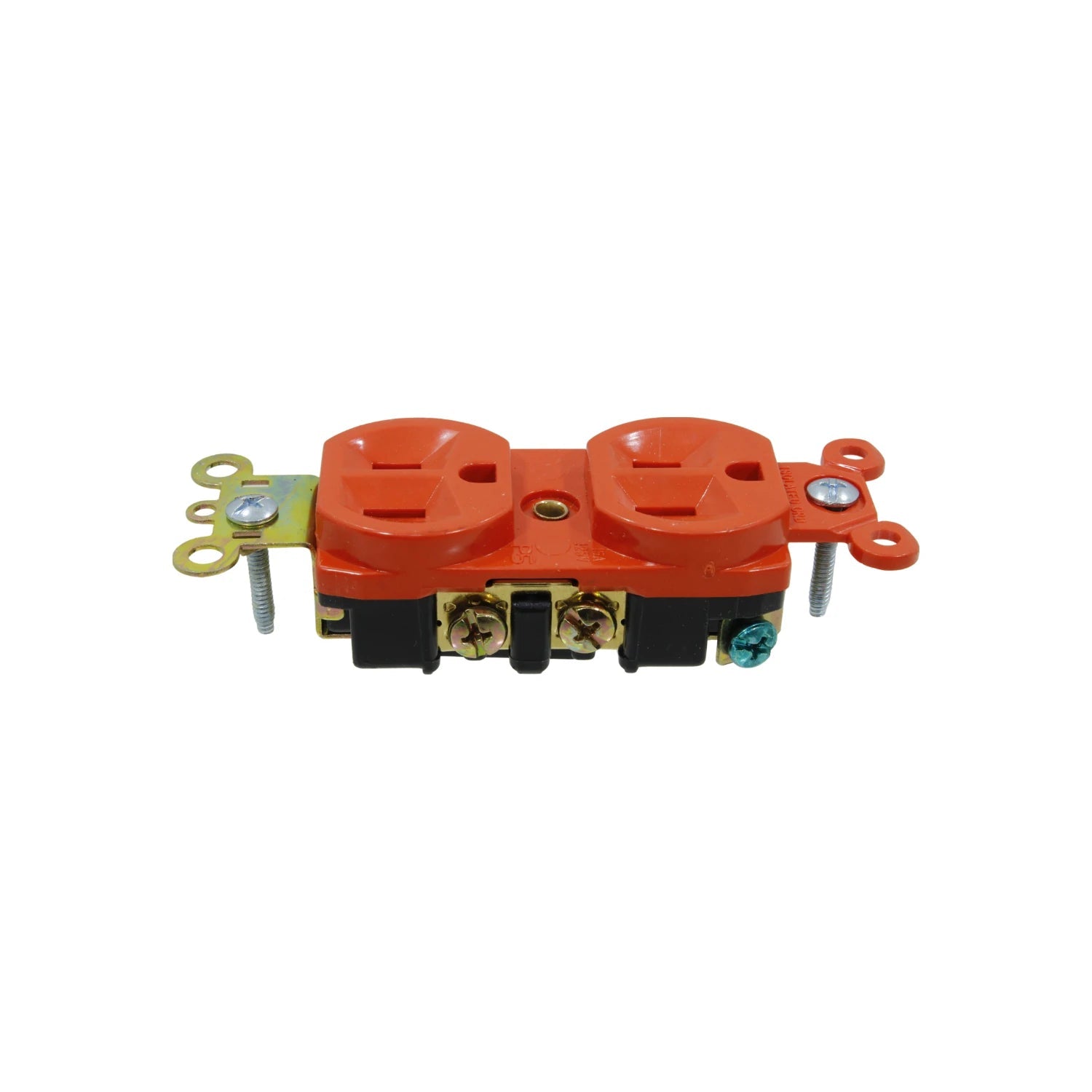 Contacto dúplex naranja con tierra aislada para instalaciones eléctricas, 125V, montaje empotrado, uso industrial.