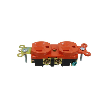 Contacto dúplex naranja con tierra aislada para instalaciones eléctricas, 125V, montaje empotrado, uso industrial.