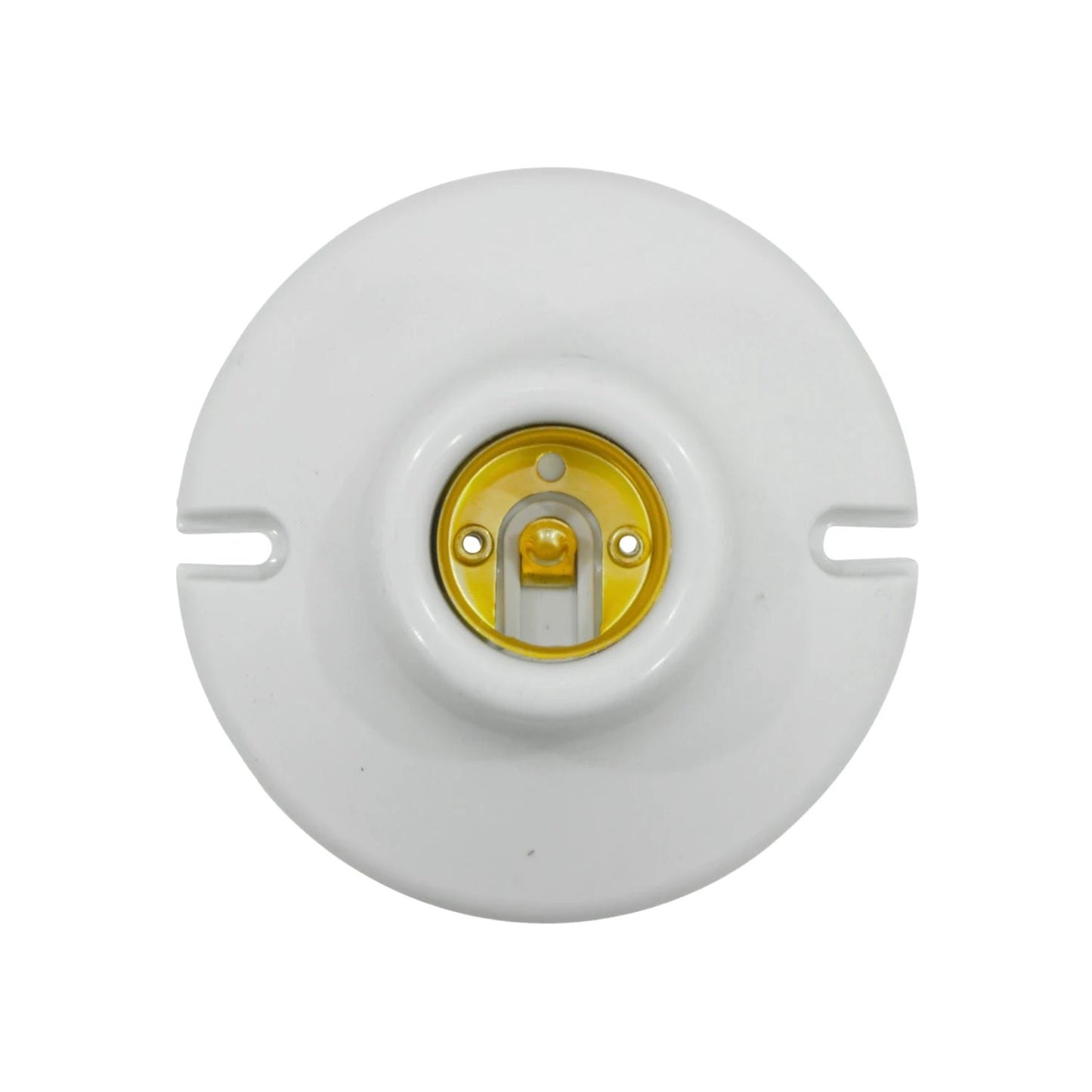 Portalámparas blanco redondo de plástico con rosca E27/E26 para focos, montaje en techo o pared.