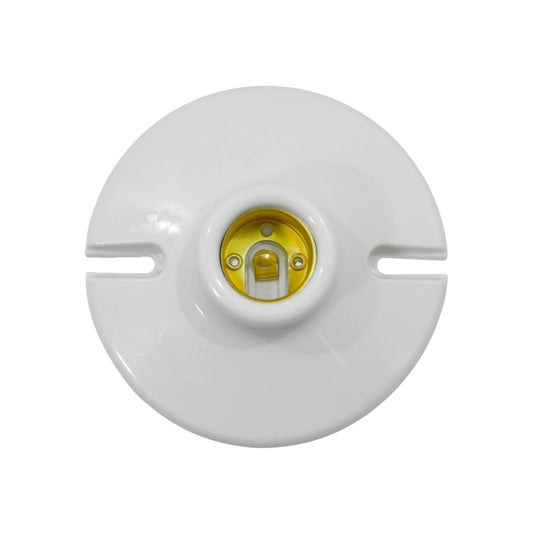 Socket blanco redondo E27 de plástico para montaje superficial.
