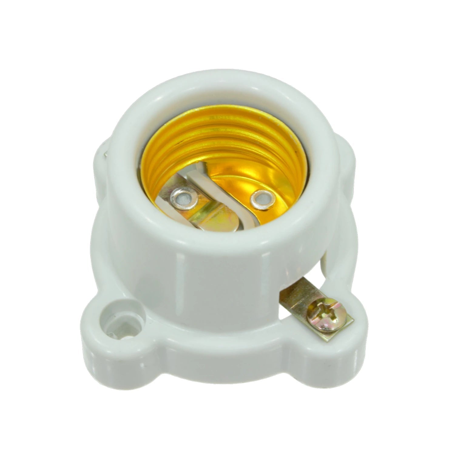 Socket portalámparas E27 de plástico blanco, base de rosca estándar para bombillas, con contactos visibles.