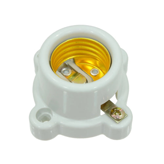 Socket portalámparas E27 de plástico blanco, base de rosca estándar para bombillas, con contactos visibles.