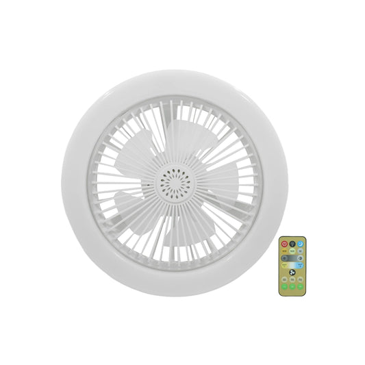 Lámpara de techo con ventilador blanco y luz LED integrada, incluye control remoto para ajuste de velocidad y brillo.