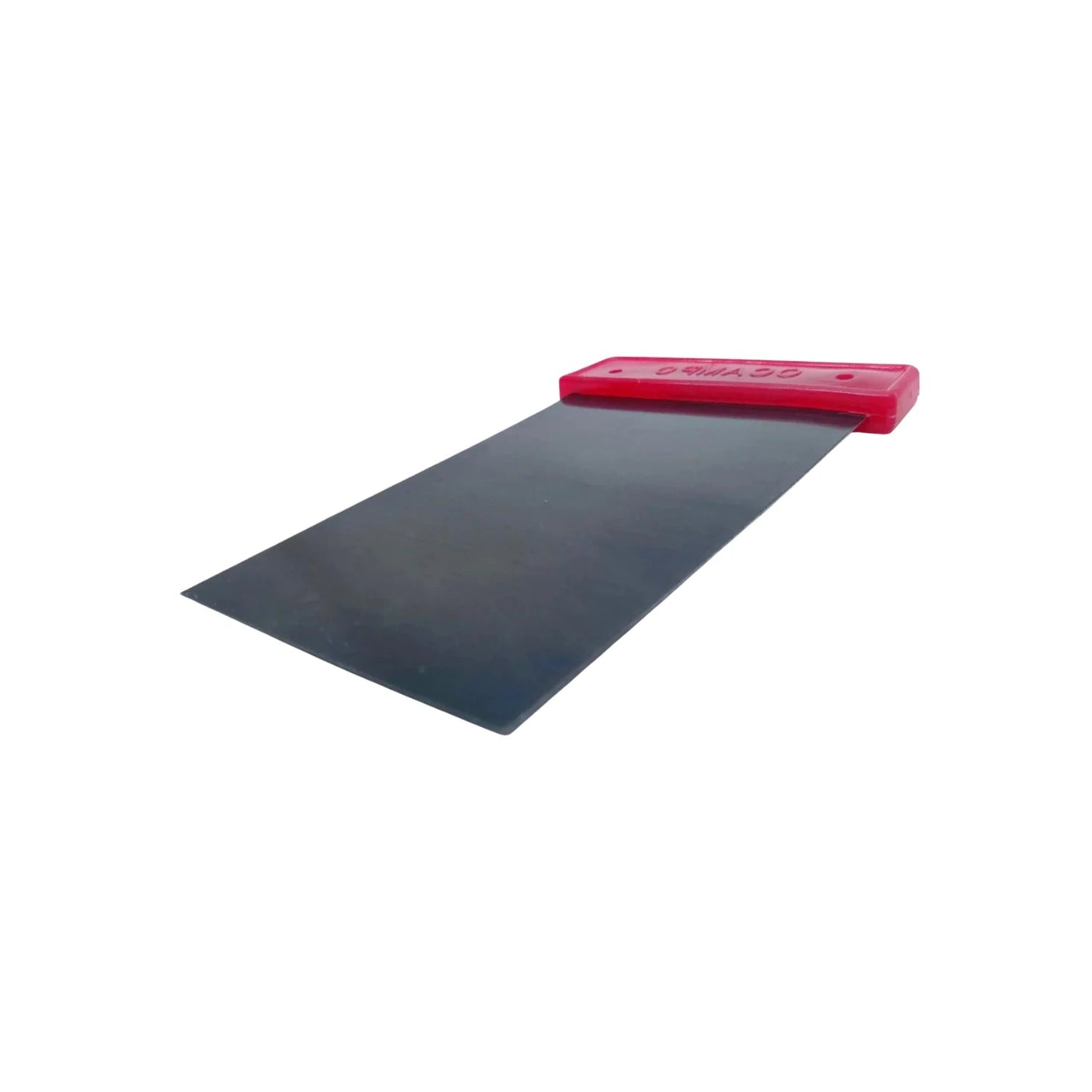 Espátula rascador de hoja metálica con mango de plástico rojo, ideal para remover pintura y aplicar masilla.